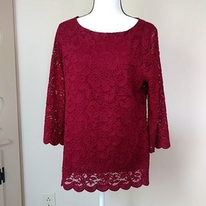 Charter Club Crochet Floral Scalloped Lined Tunic Top L Cranberry Red